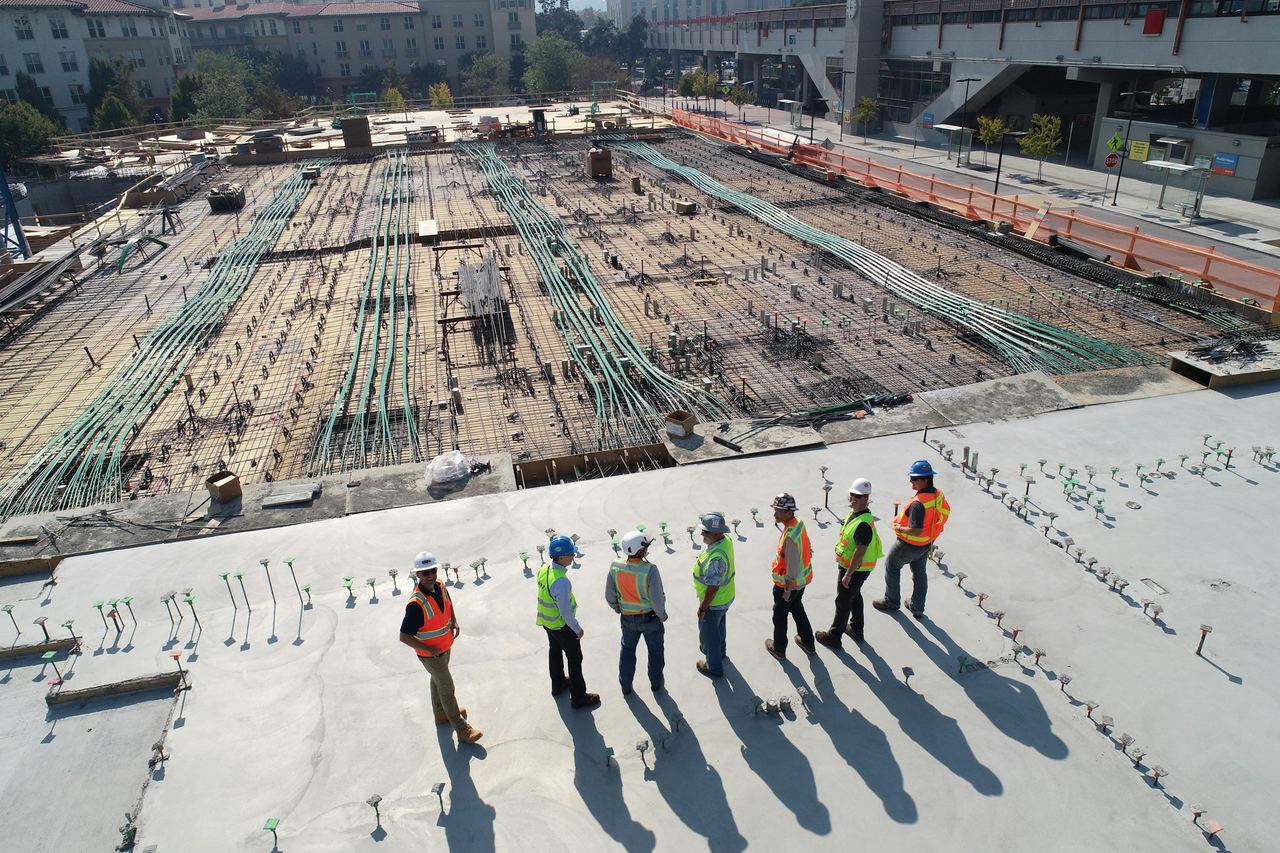 Skilled construction workers on a building site in Germany